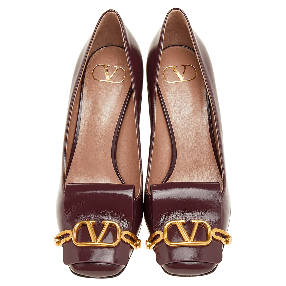 

Valentino Burgundy Leather Vlogo Club Block Heel Pumps Size