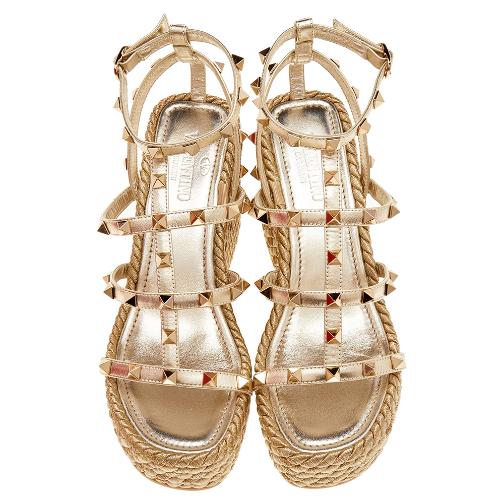 

Valentino Metallic Gold Leather Rockstud Torchon Wedge Platform Espadrille Sandals Size