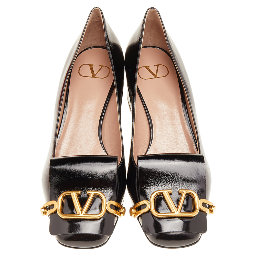 

Valentino Black Leather VLogo Club Block Heel Pumps Size