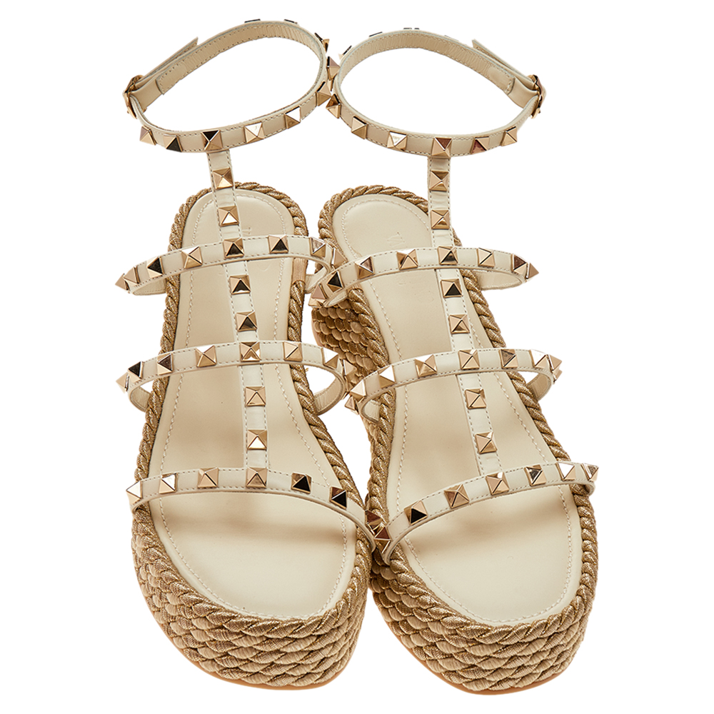 

Valentino White Leather Rockstud Torchon Wedge Platform Espadrille Sandals Size