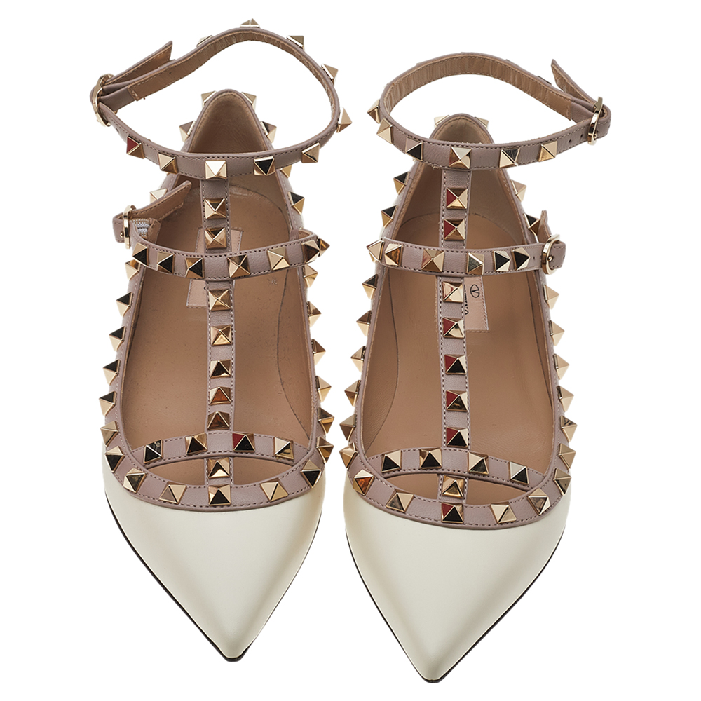 

Valentino Off White/Beige Leather Rockstud Ankle Strap Ballet Flats EU, Cream