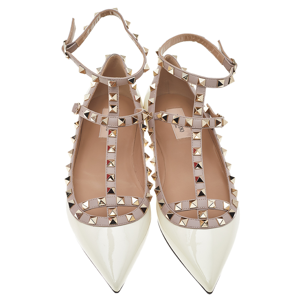 

Valentino Cream/Beige Patent Leather Rockstud Ankle Strap Ballet Flats Size EU