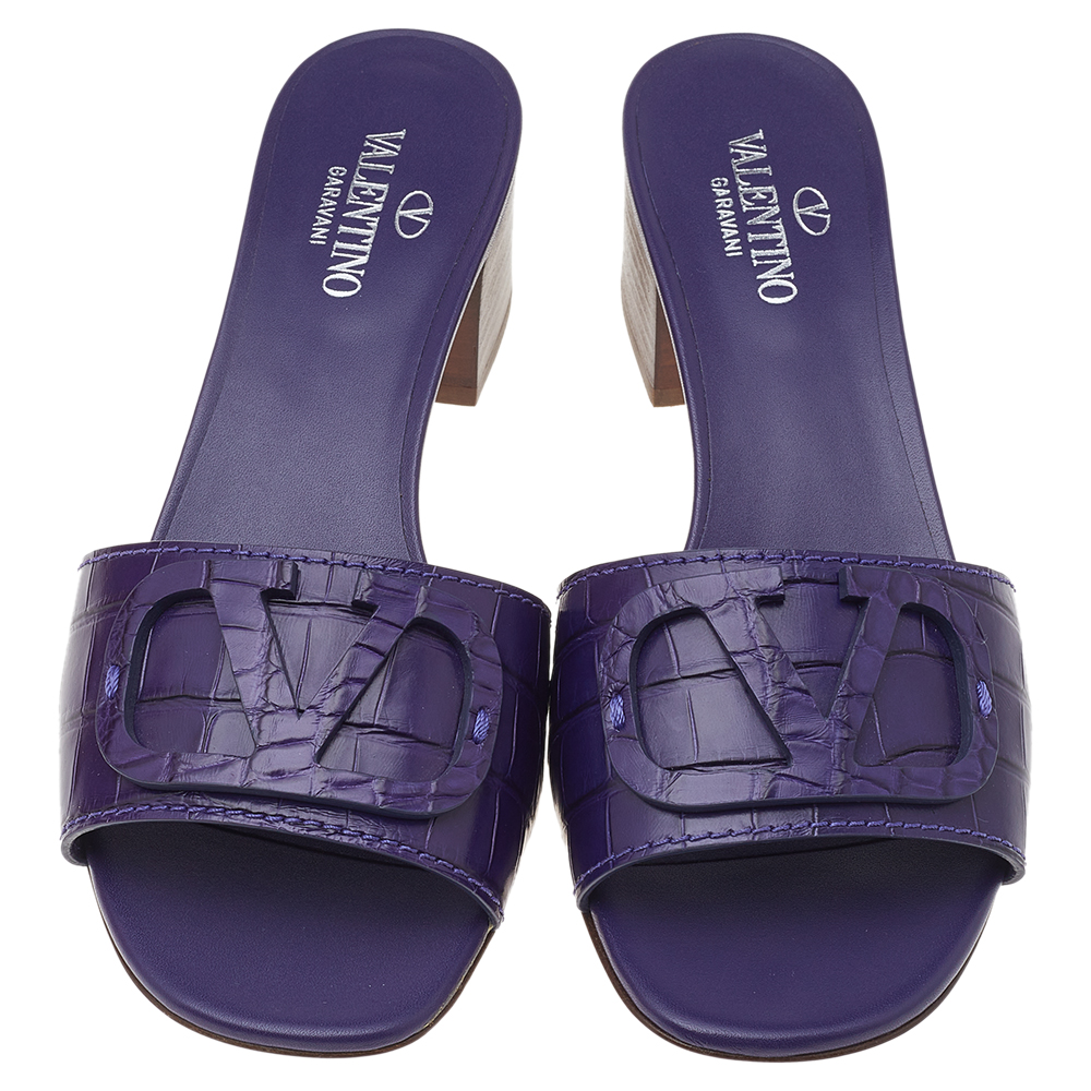 

Valentino Purple Alligator Leather V Logo Slide Sandals Size