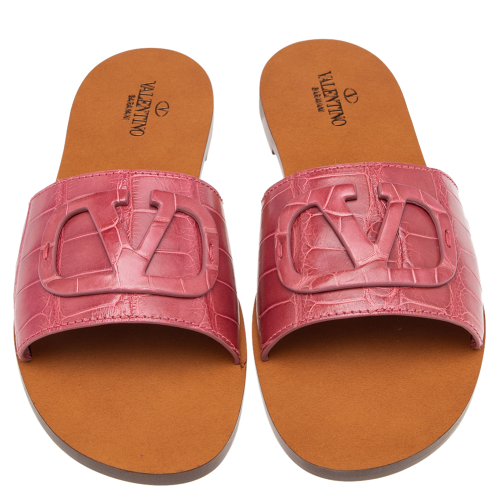 

Valentino Pink Alligator Leather VLogo Flat Slides Size EU