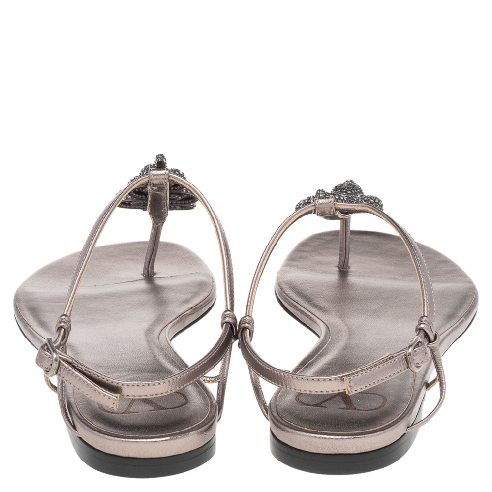 

Valentino Metallic Leather Snake Embellished Thong Flat Sandals EU