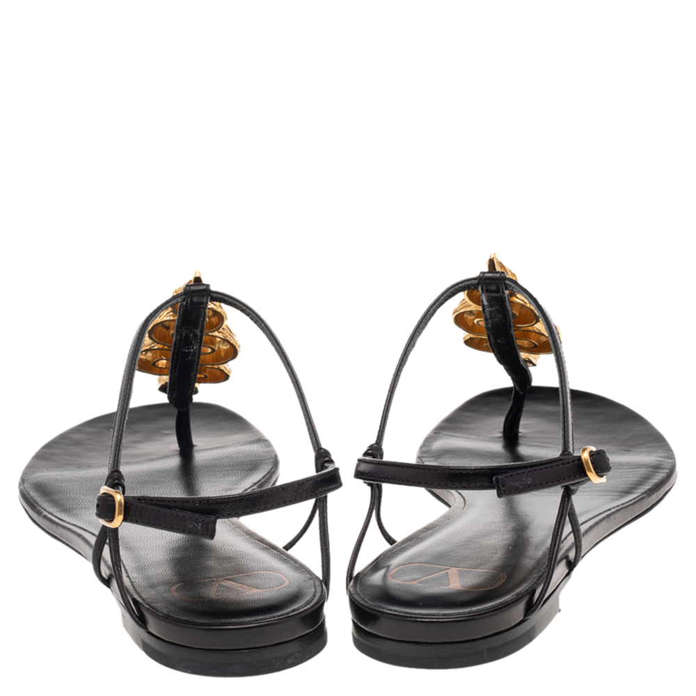 

Valentino Black Leather Maison Snake Embellished Thong Flat Sandals Size EU