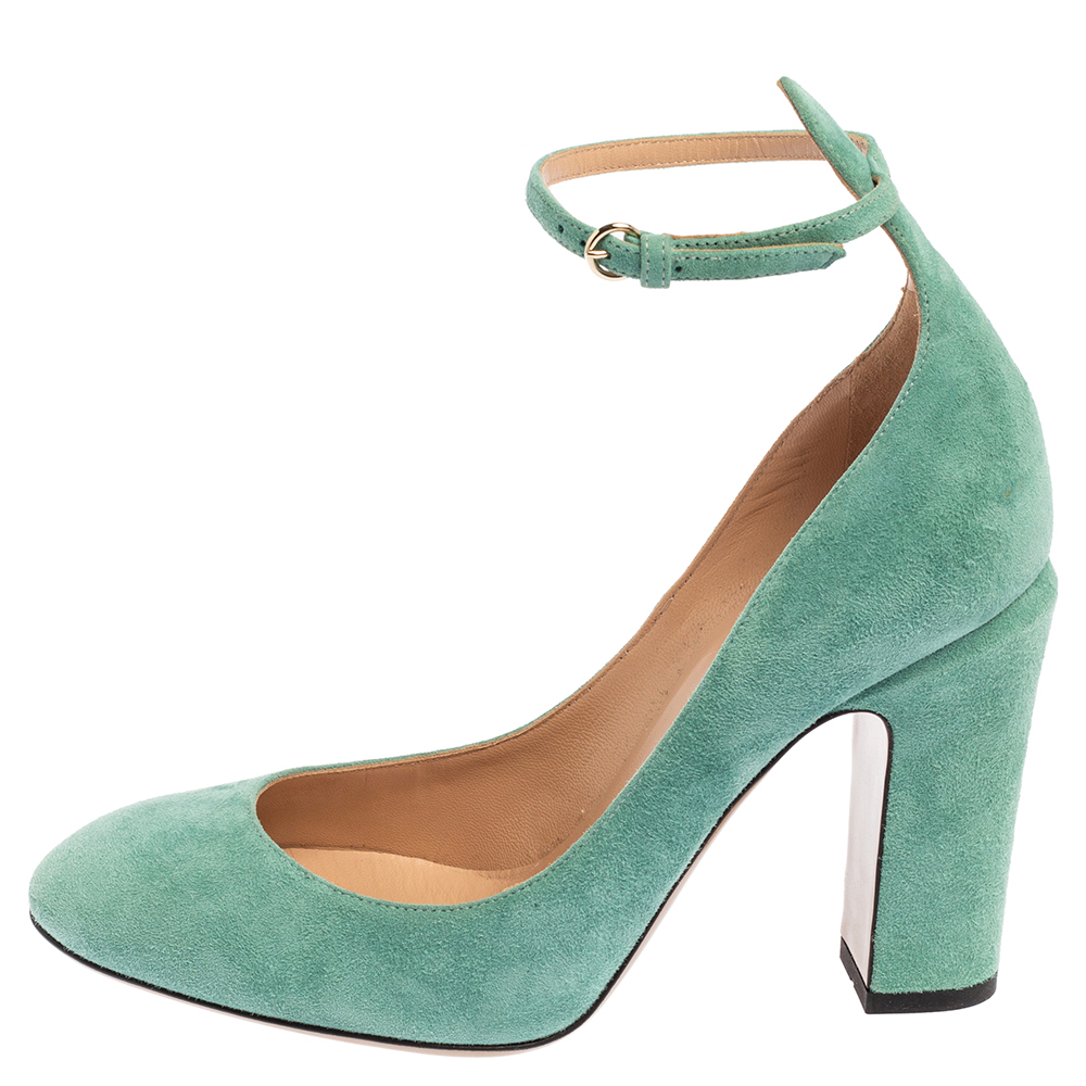 

Valentino Aqua Green Suede Ankle Strap Block Heel Sandals Size