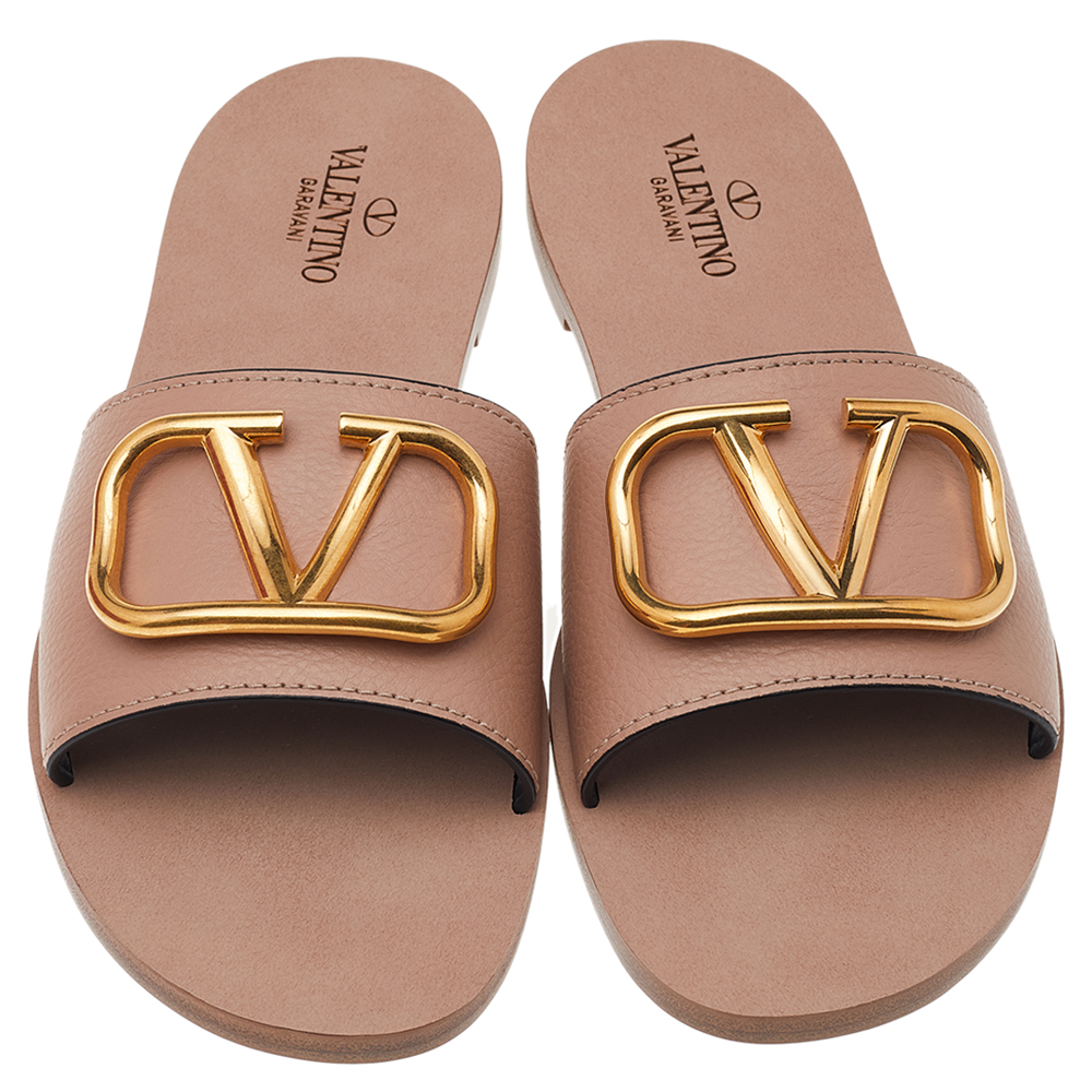 

Valentino Beige Leather Vlogo Signature Flat Slide Sandals Size EU