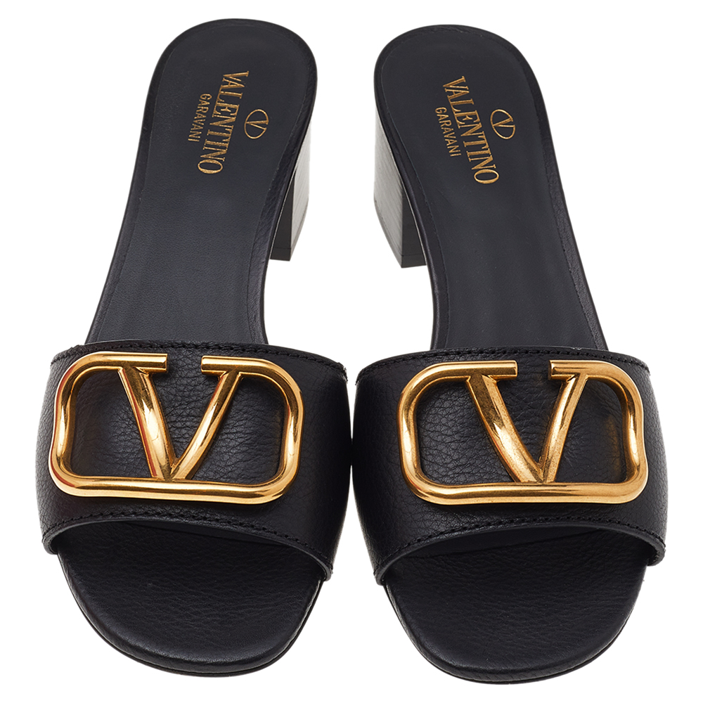 

Valentino Black Leather VLogo Signature Open Toe Slide Sandals Size