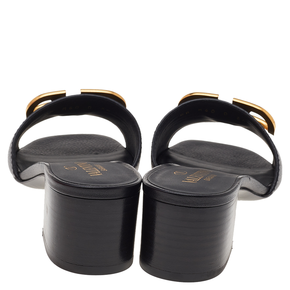 

Valentino Black Leather Vlogo Signature Open Toe Slide Sandals Size EU