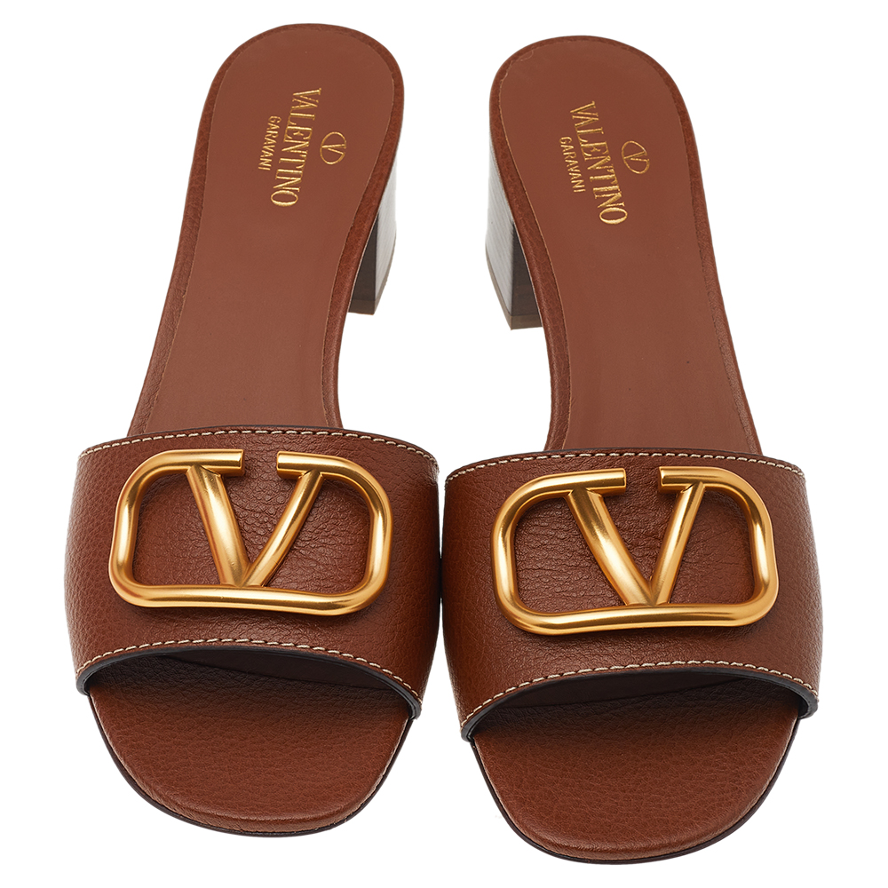

Valentino Brown Leather VLogo Signature Open Toe Slide Sandals Size