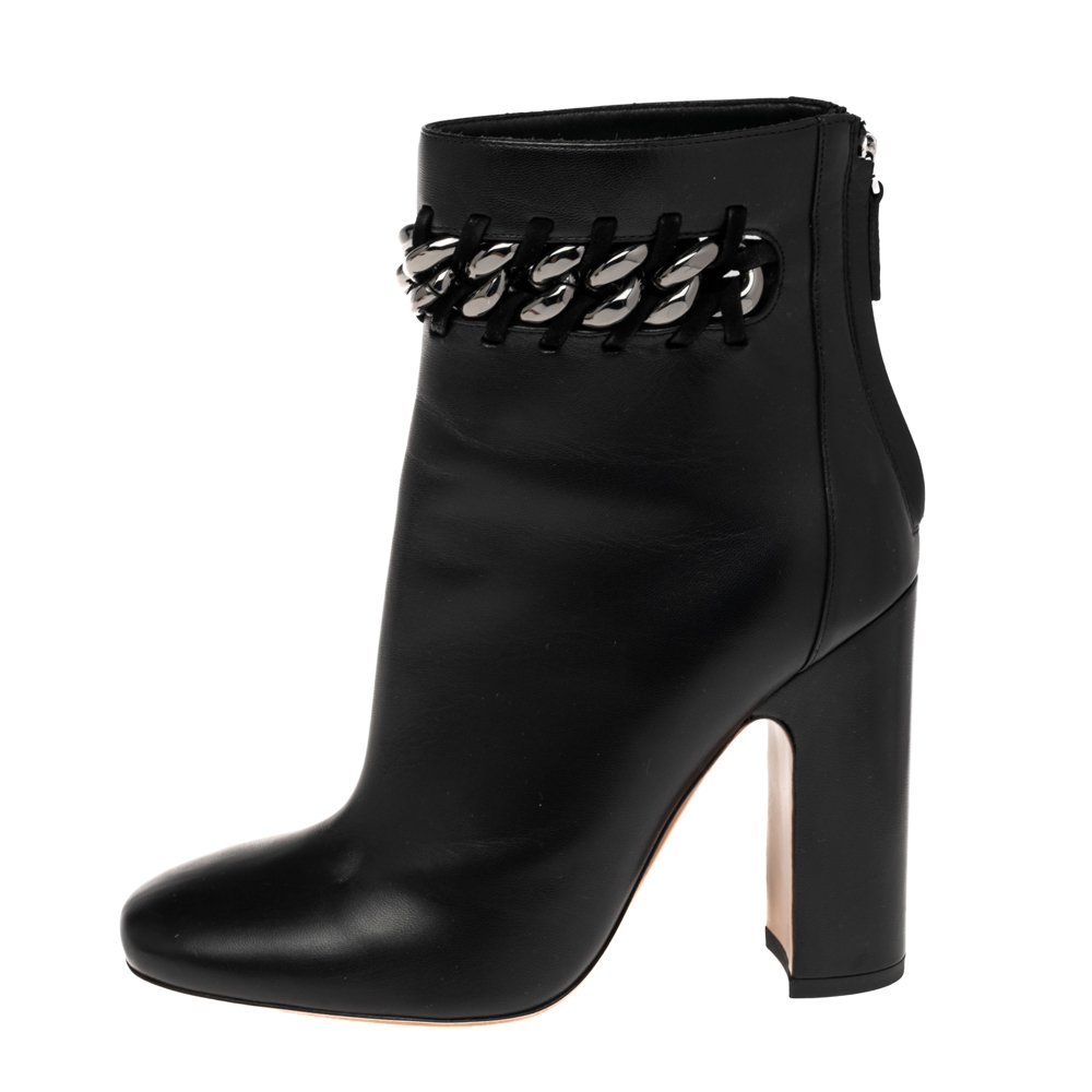 

Valentino Black Leather Chain Link Embellished Block Heel Ankle Boots Size