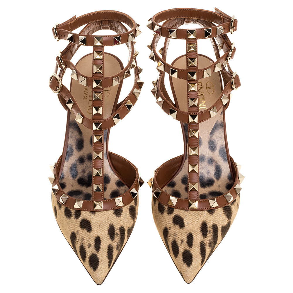 

Valentino Brown/Beige Animal Print Canvas Rockstud Embellished Pointed Toe Sandals Size EU