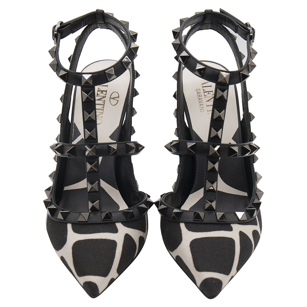 

Valentino Black/White Canvas and Leather Rockstud Embellished Pointed Toe Sandals Size EU