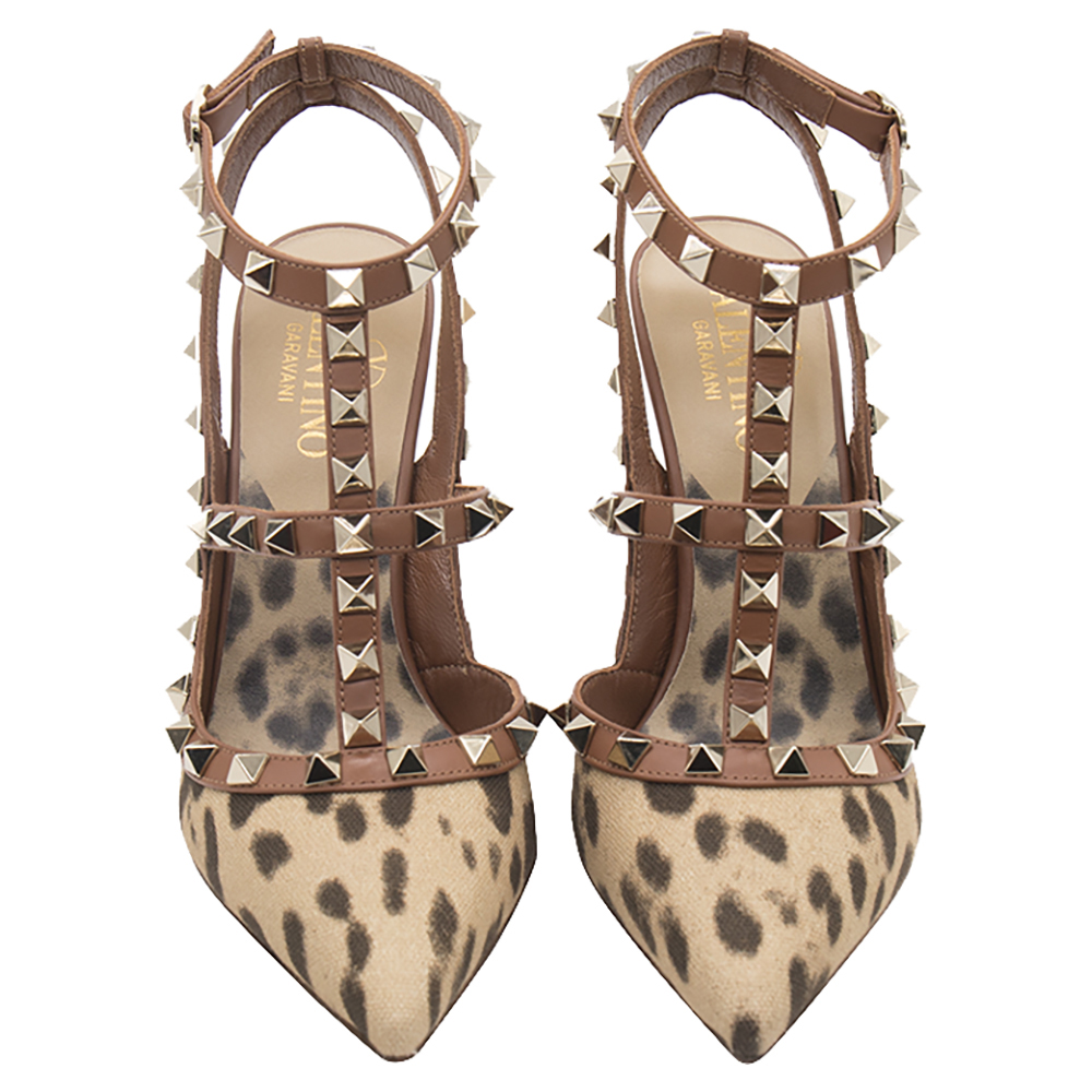 

Valentino Brown/Beige Animal Print Canvas Rockstud Embellished Pointed Toe Sandals Size EU