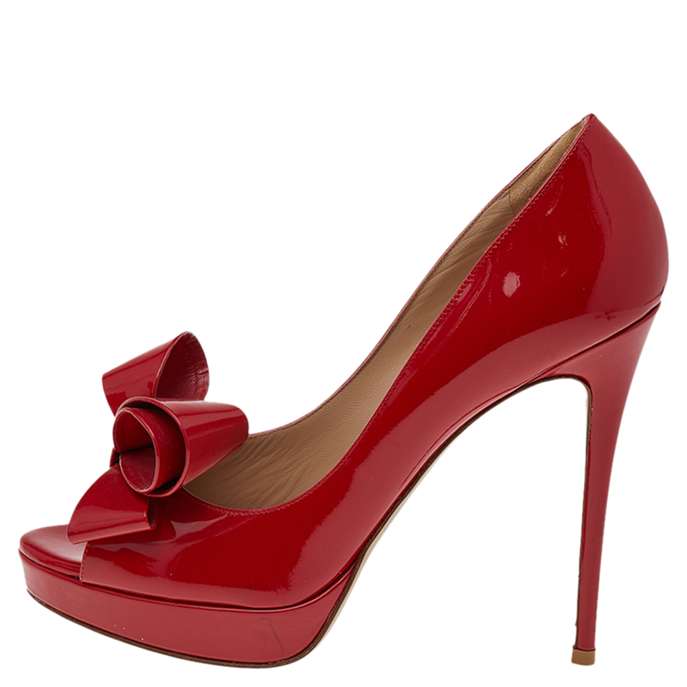 

Valentino Red Patent Leather Couture Bow Peep Toe Platform Pumps Size