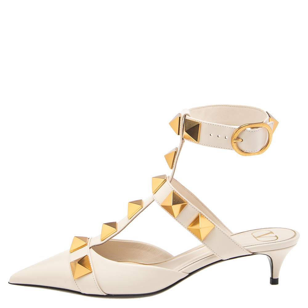 

Valentino Cream Leather Rockstud Ankle Strap Sandals Size