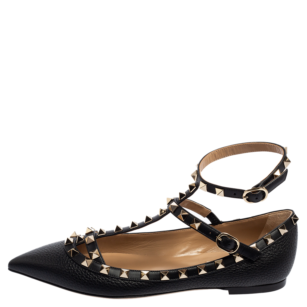 

Valentino Black Leather Rockstud Caged Ballet Flats Size