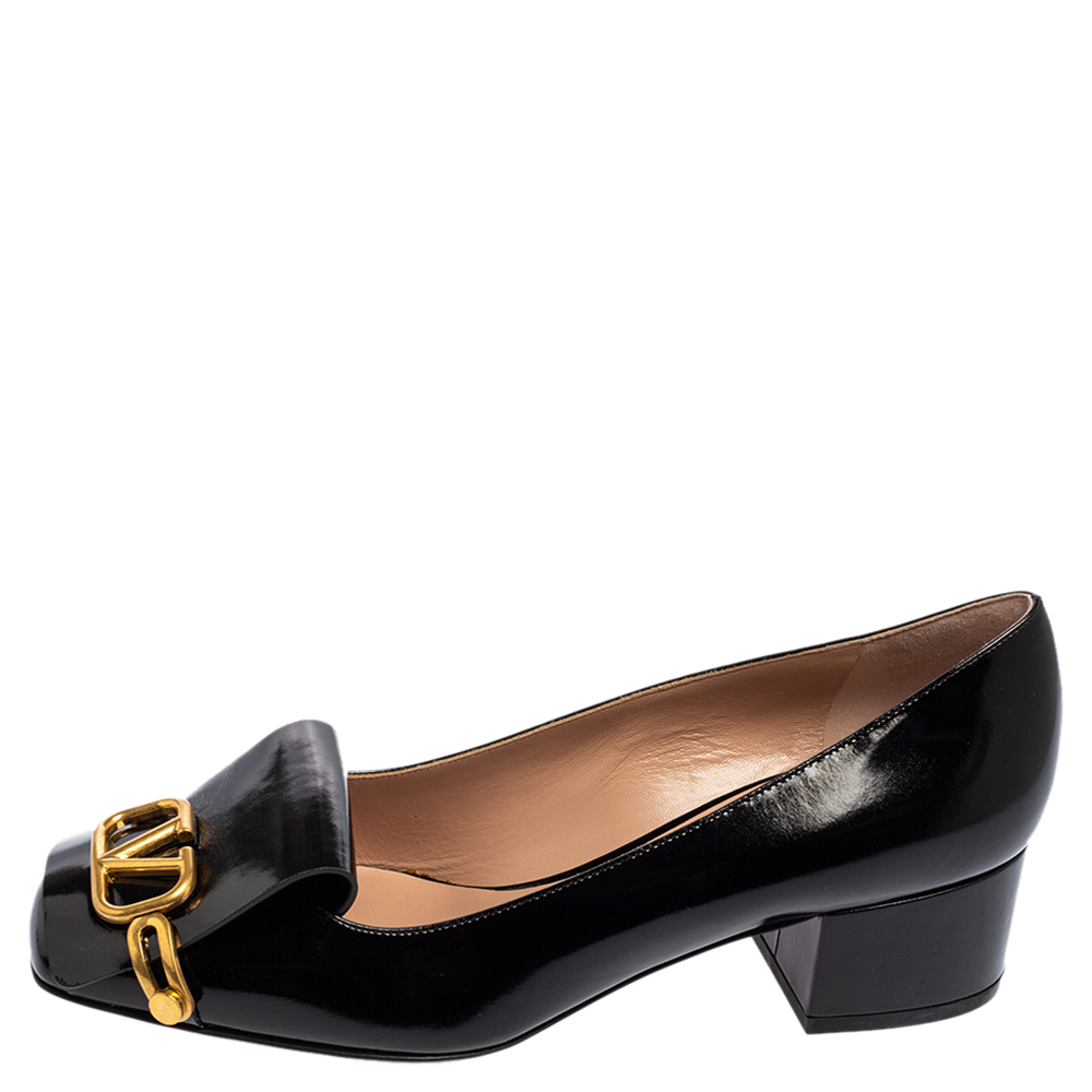 

Valentino Black Leather VLogo Block Heel Pumps Size