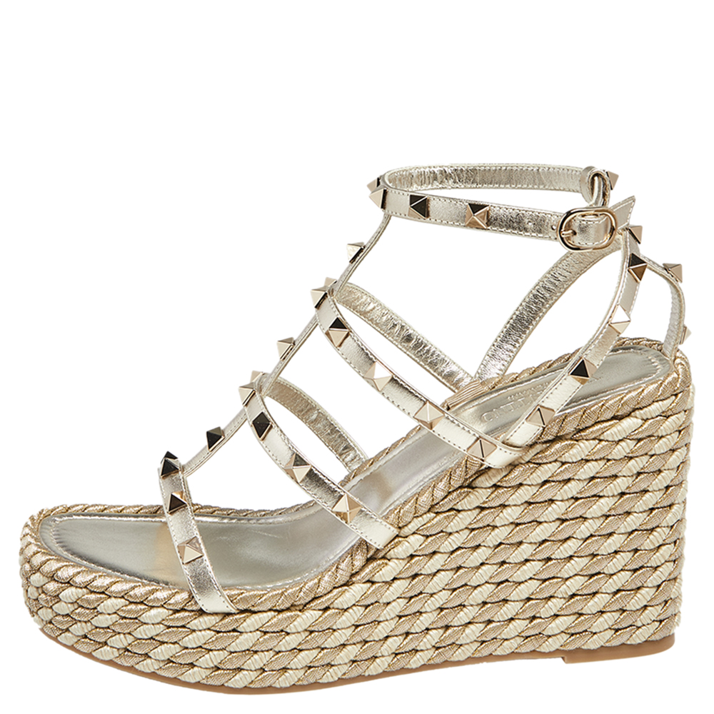

Valentino Gold Leather Rockstud Rope Wedge Sandals Size