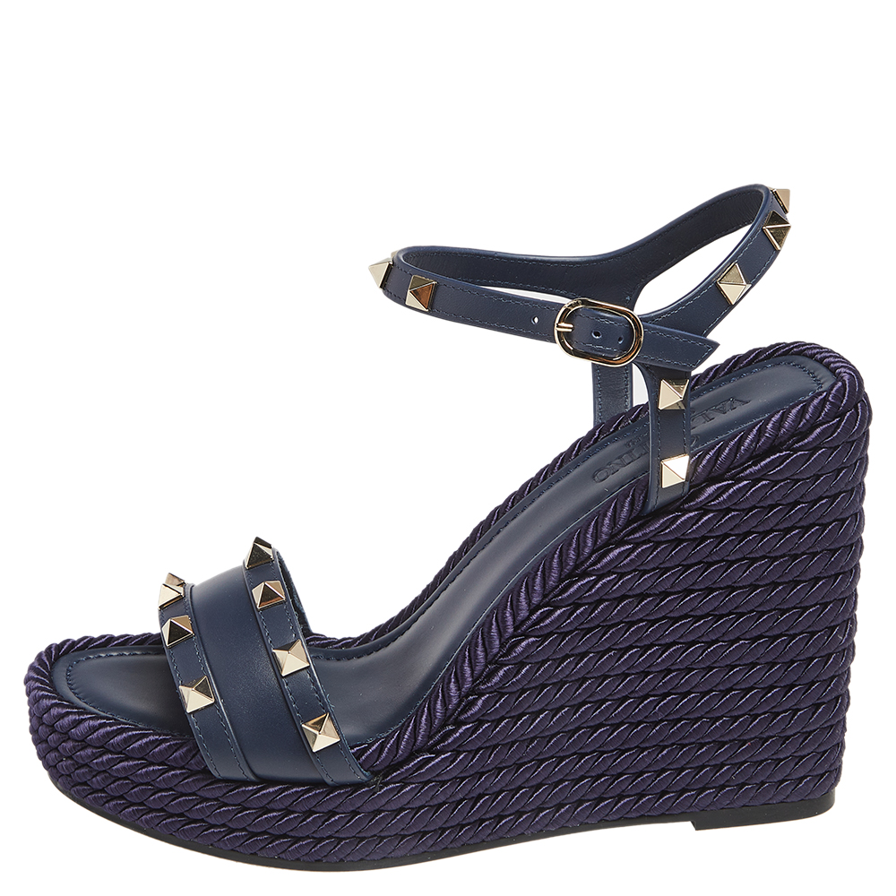 

Valentino Navy Blue Leather Rockstud Torchon Platform Wedge Sandals