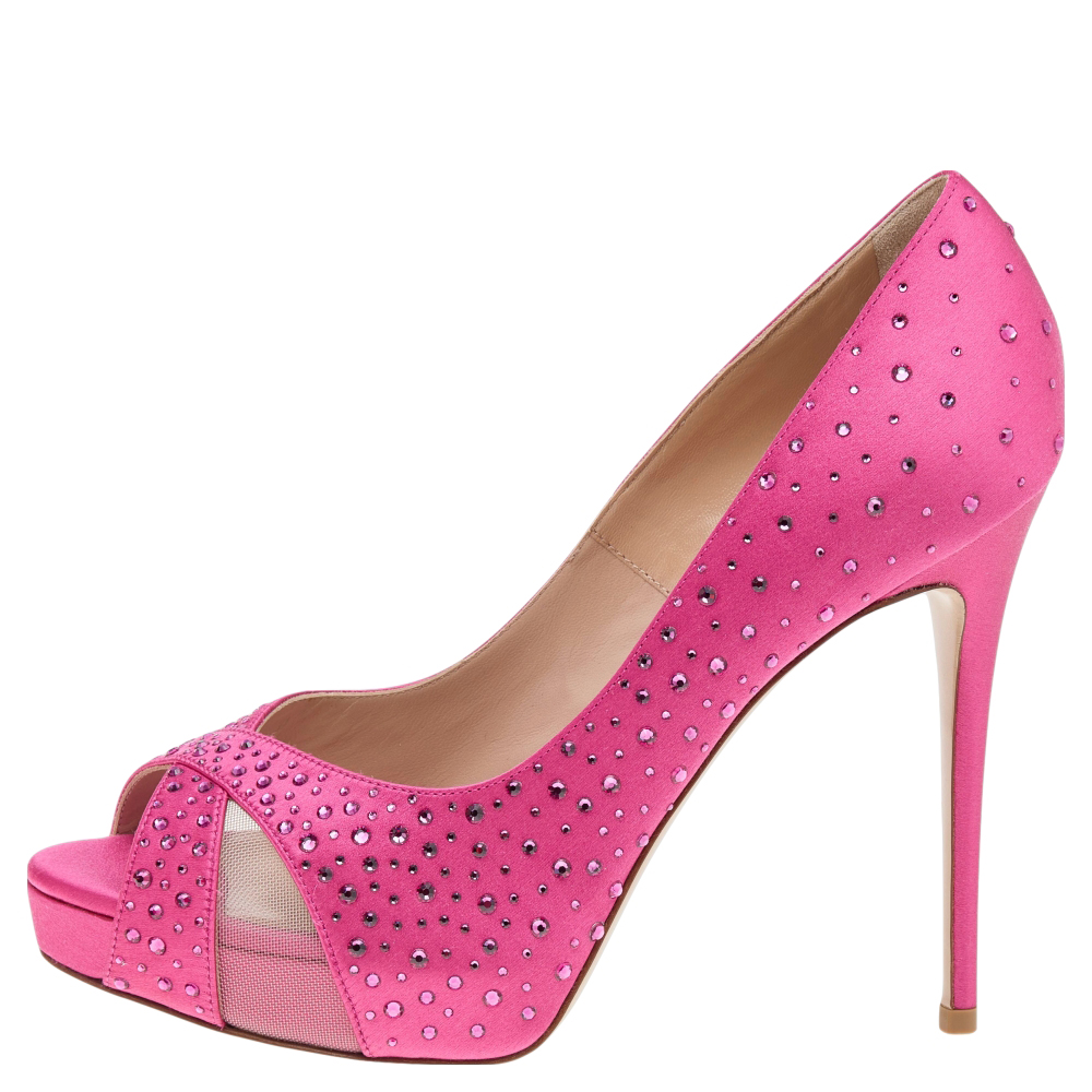 

Valentino Pink Crystal Embellished Satin And Mesh Peep Toe Platform Pumps Size