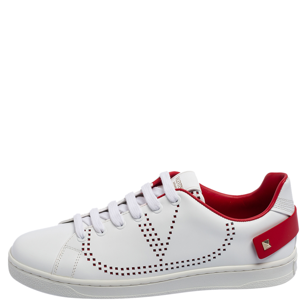 

Valentino White Perforated Leather Backnet Rockstud Low Top Sneakers Size