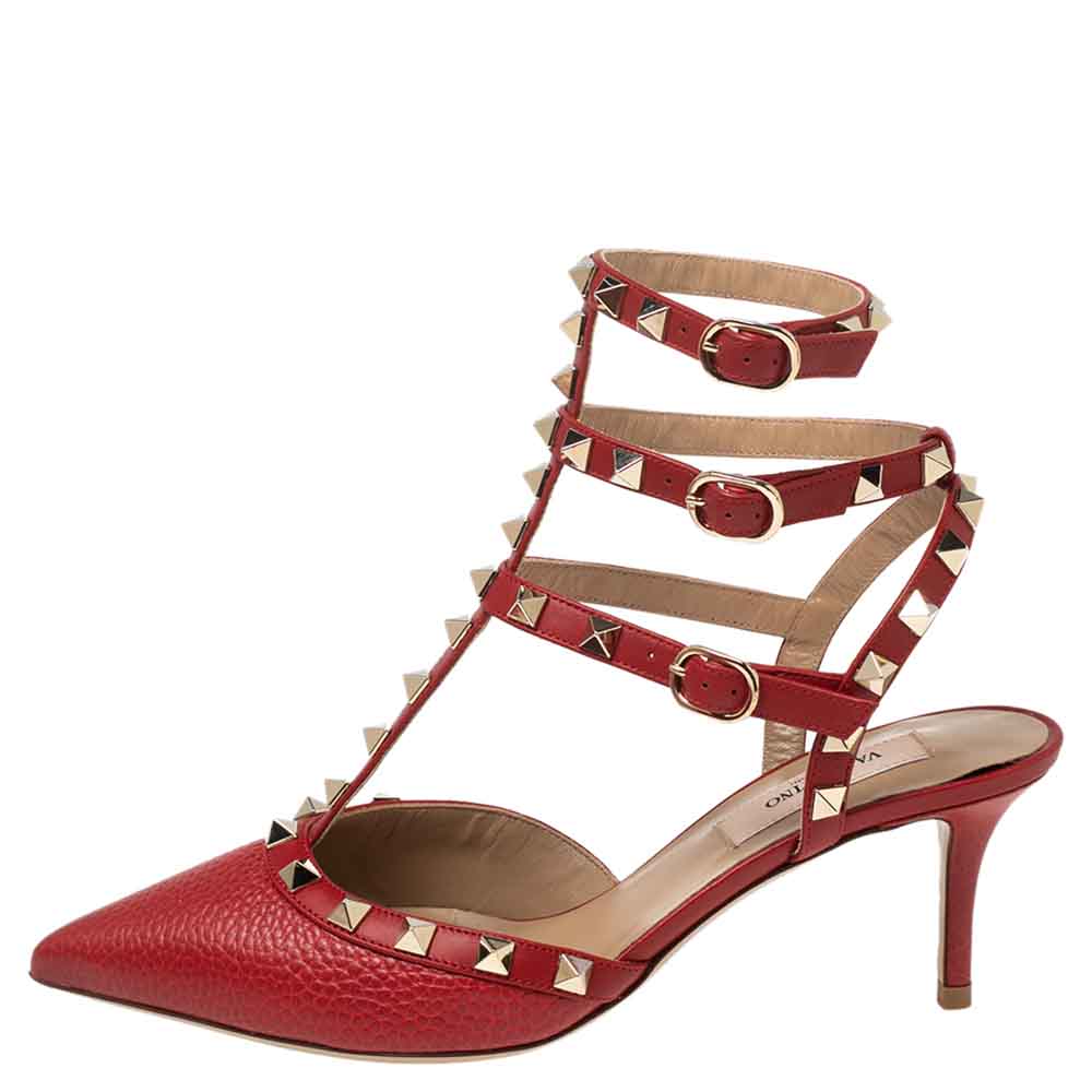 

Valentino Red Leather Rockstud Caged Ankle Strap Sandals Size