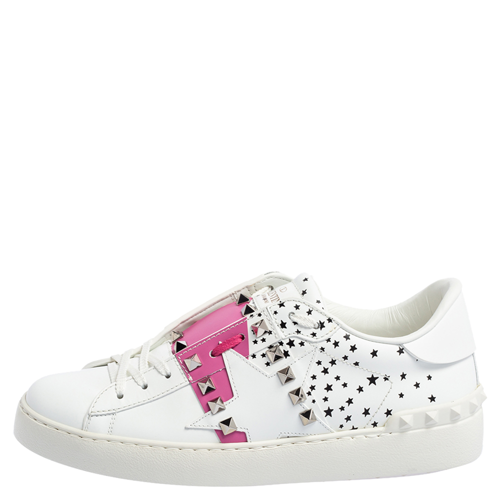 

Valentino White/Pink Printed Leather Open Zebra Sneakers Size