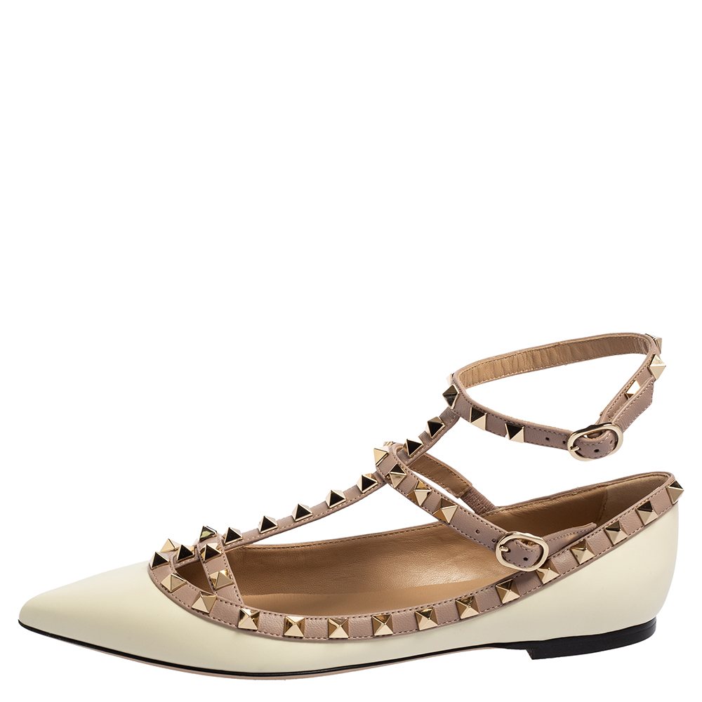 

Valentino Cream Leather Rockstud Ankle-Strap Ballet Flats Size