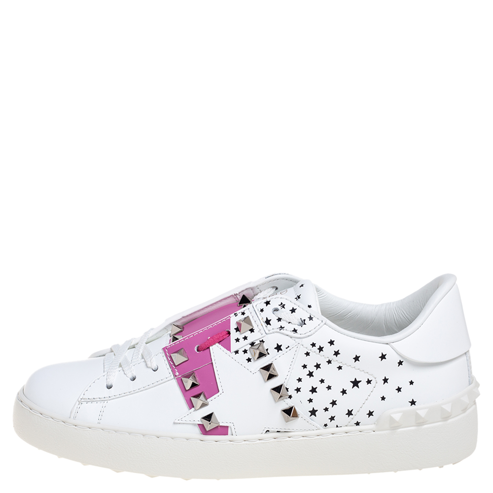 

Valentino White/Pink Printed Leather Open Zebra Sneakers Size