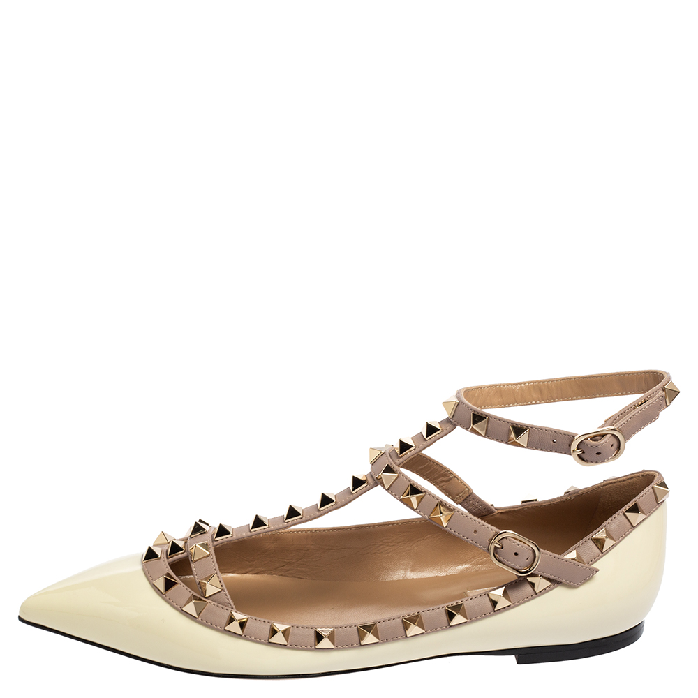 

Valentino Cream Patent Leather Rockstud Ankle-Strap Ballet Flats Size