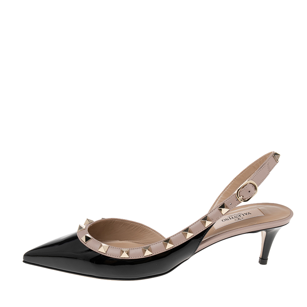 

Valentino Black/Beige Patent And Leather Rockstud Slingback Pointed Toe Sandals Size