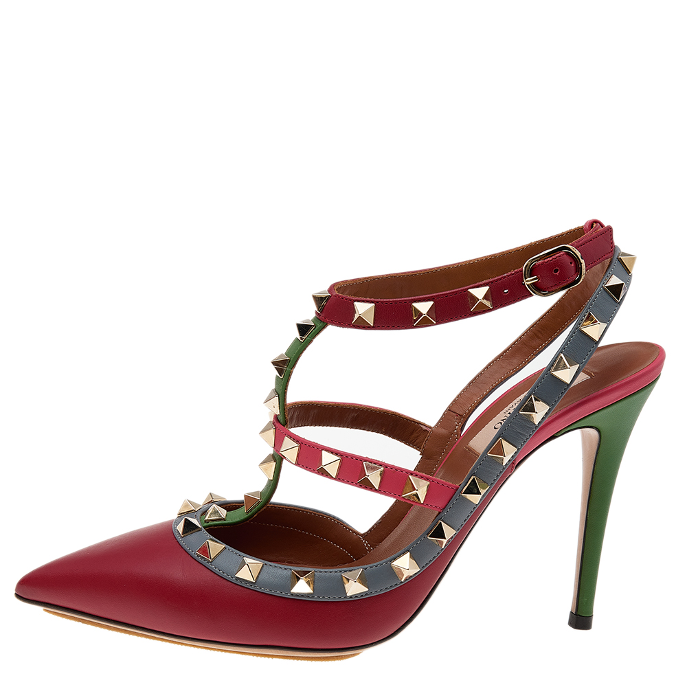 

Valentino Multicolor Leather Rockstud Ankle Strap Sandals Size