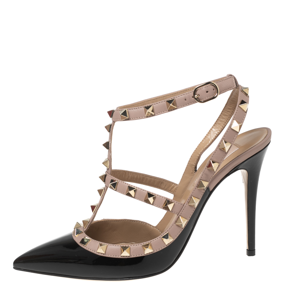 

Valentino Black/Beige Patent And Leather Rockstud Ankle Strap Sandals Size