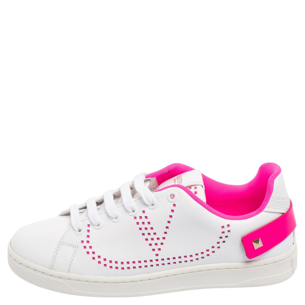 

Valentino White/Neon Pink Leather Vlogo Backnet Low-Top Sneakers Size