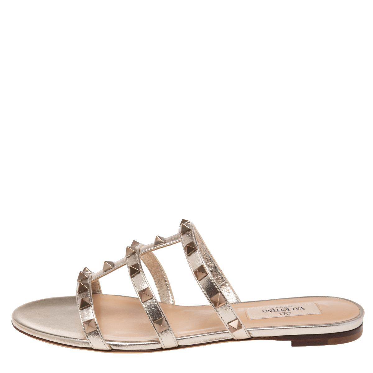 

Valentino Rose Gold Leather Rockstud Flat Slides Size, Pink