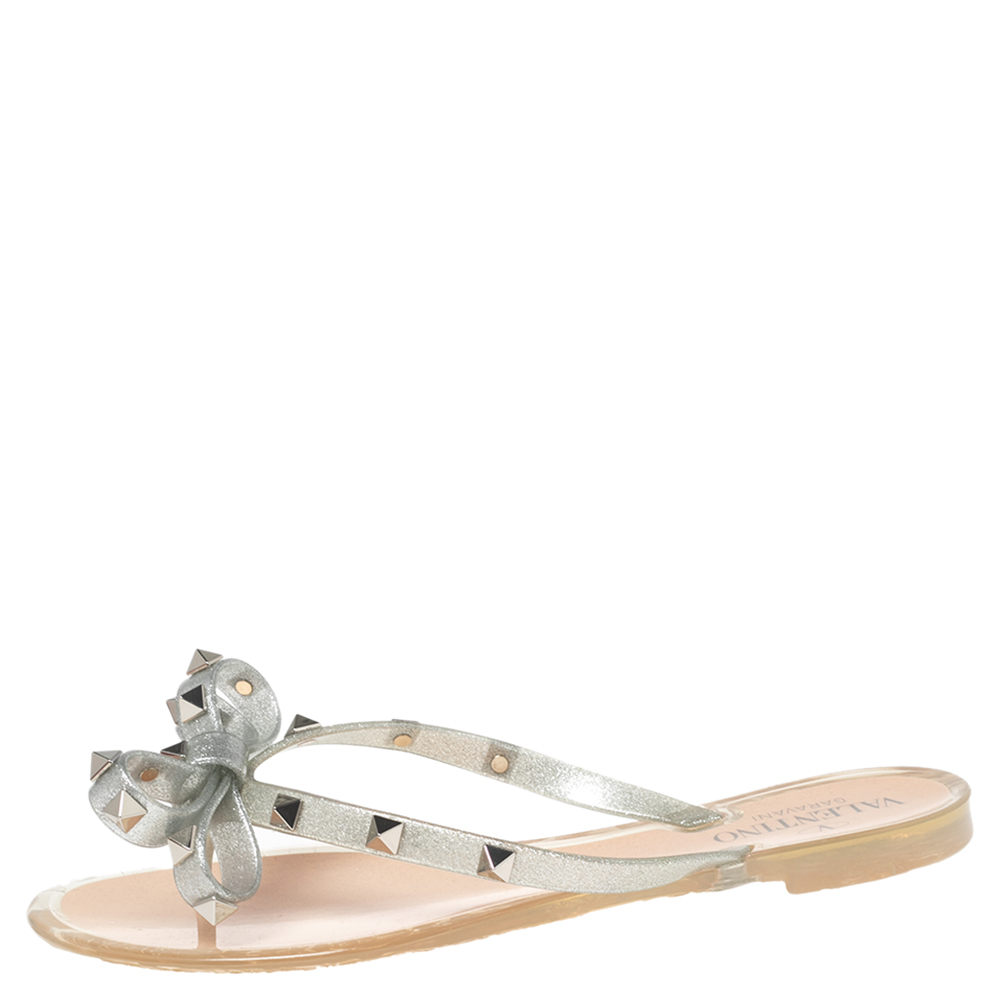 

Valentino Silver Glitter Jelly Rockstud Bow Flat Thong Slides Size