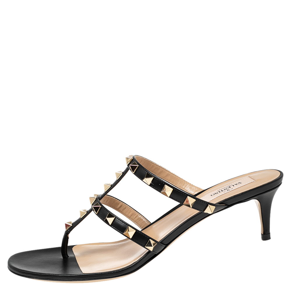 

Valentino Black Leather Rockstud Thong Slide Sandals Size