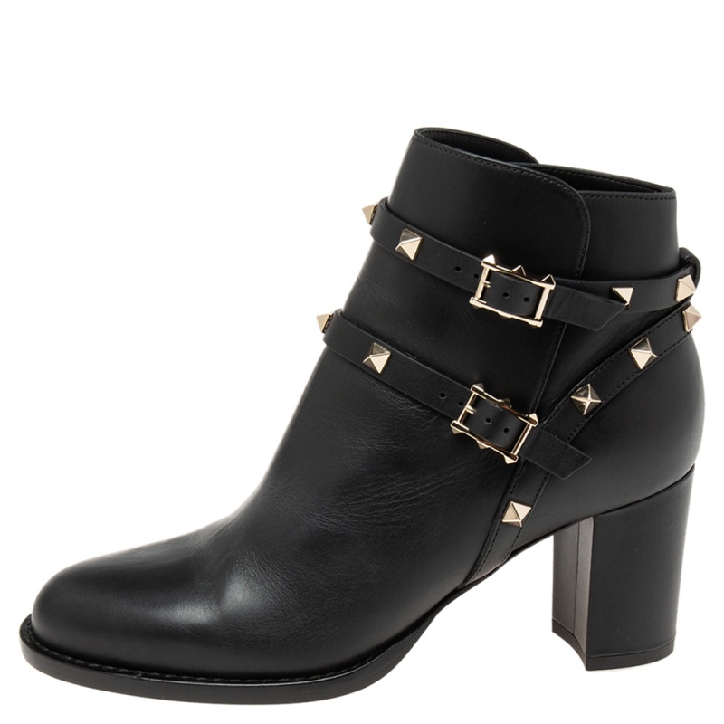 

Valentino Black Leather Rockstud Block Heel Ankle Boots Size EU