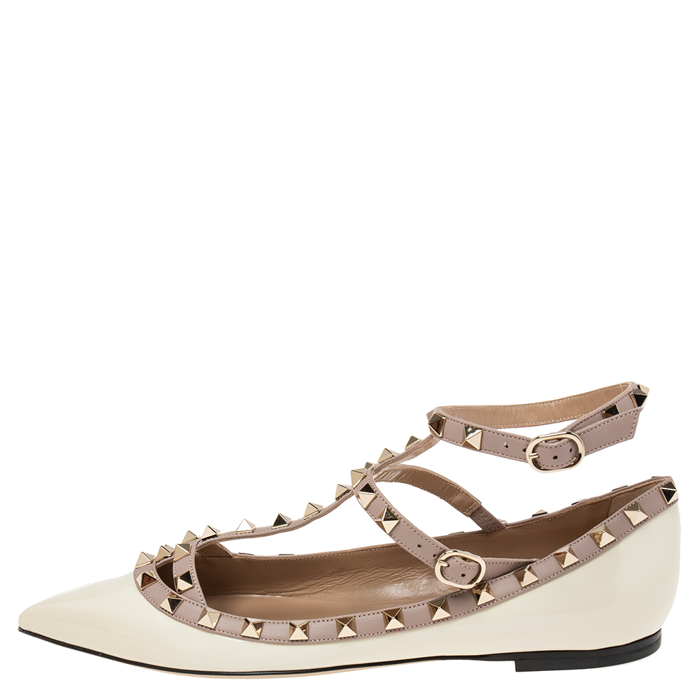 

Valentino Cream Patent Leather Rockstud Ankle-Strap Ballet Flats Size, White