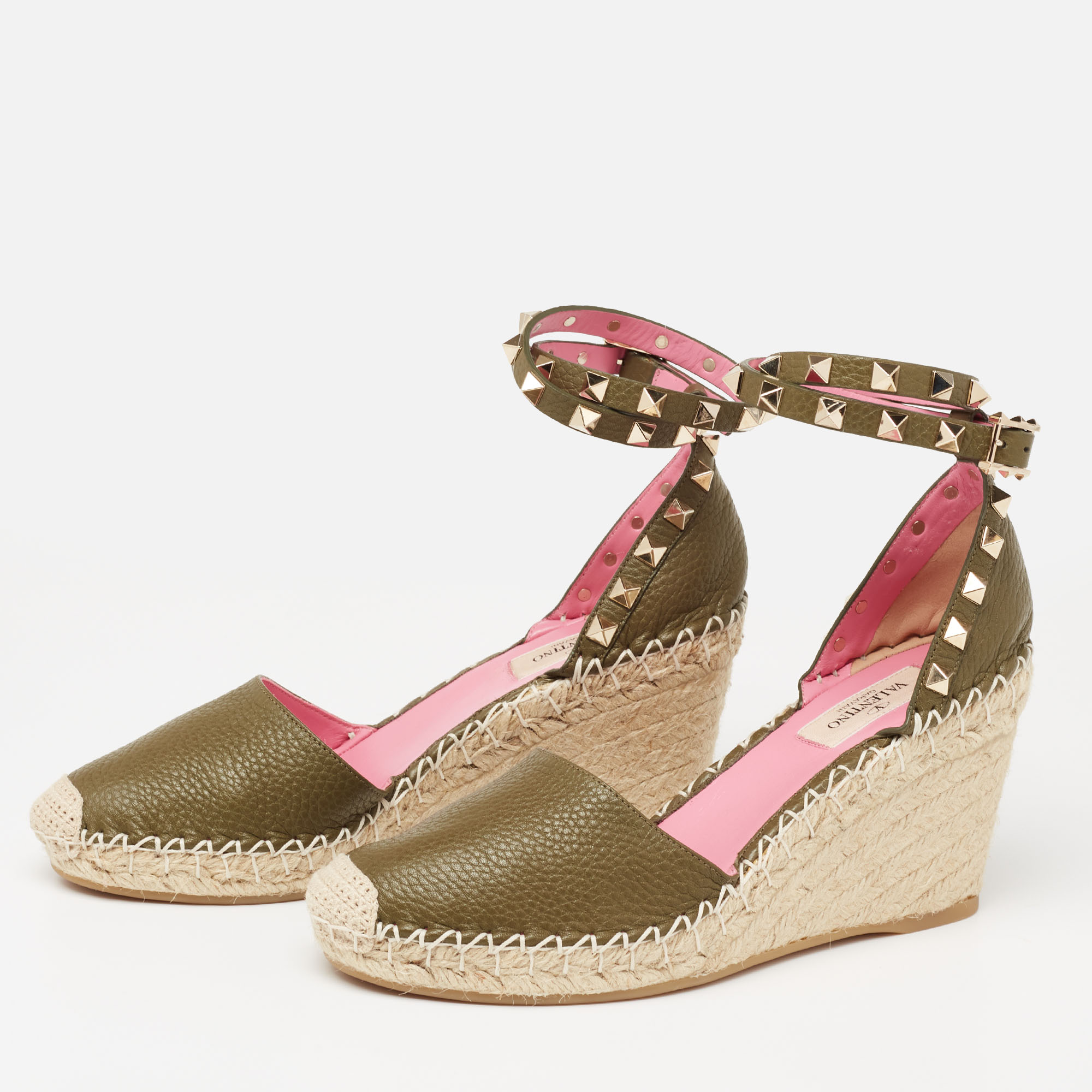 

Valentino Army Green Leather Rockstud Espadrille Wedge Pumps Size