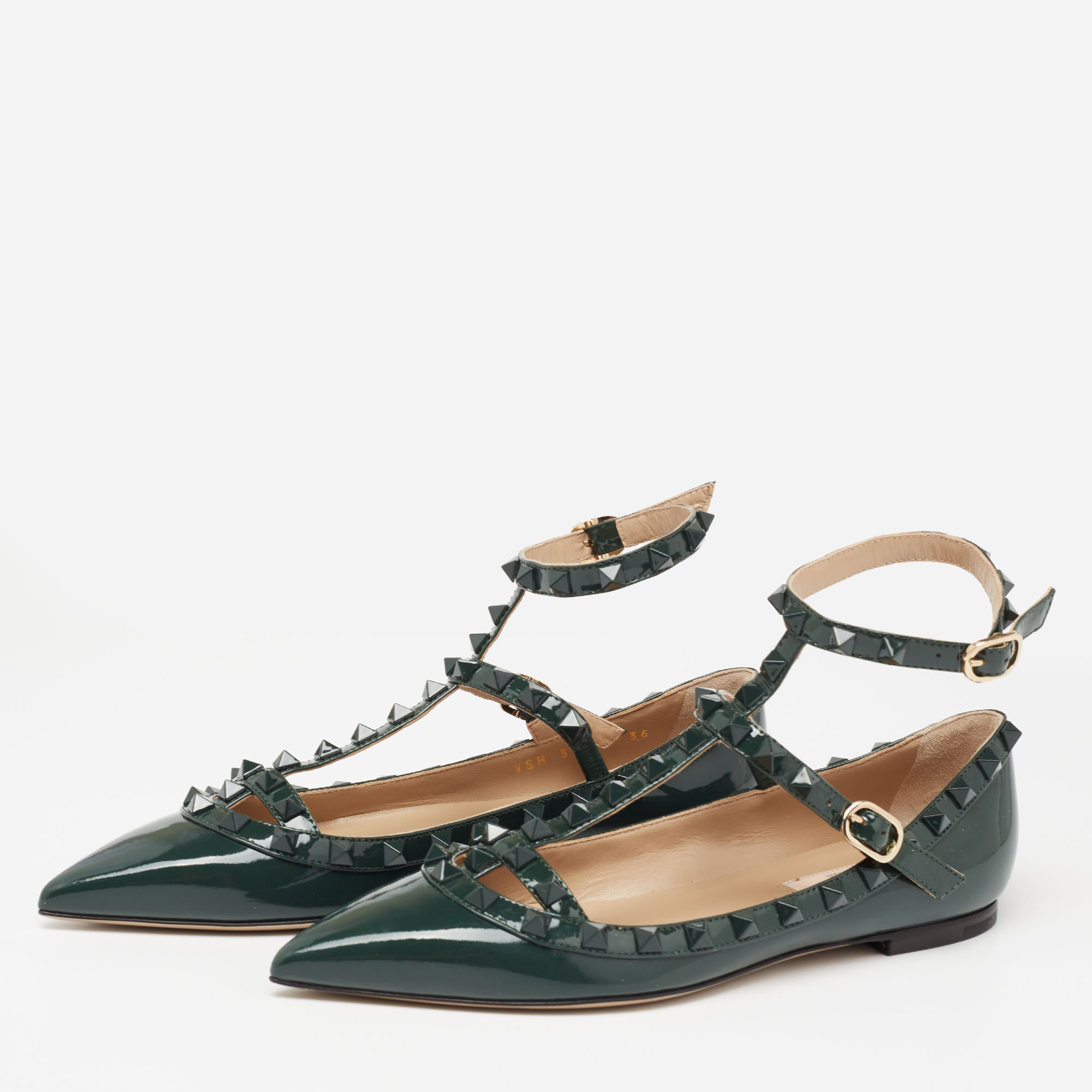 

Valentino Dark Green Patent Leather Rockstud Ankle-Strap Ballet Flats Size