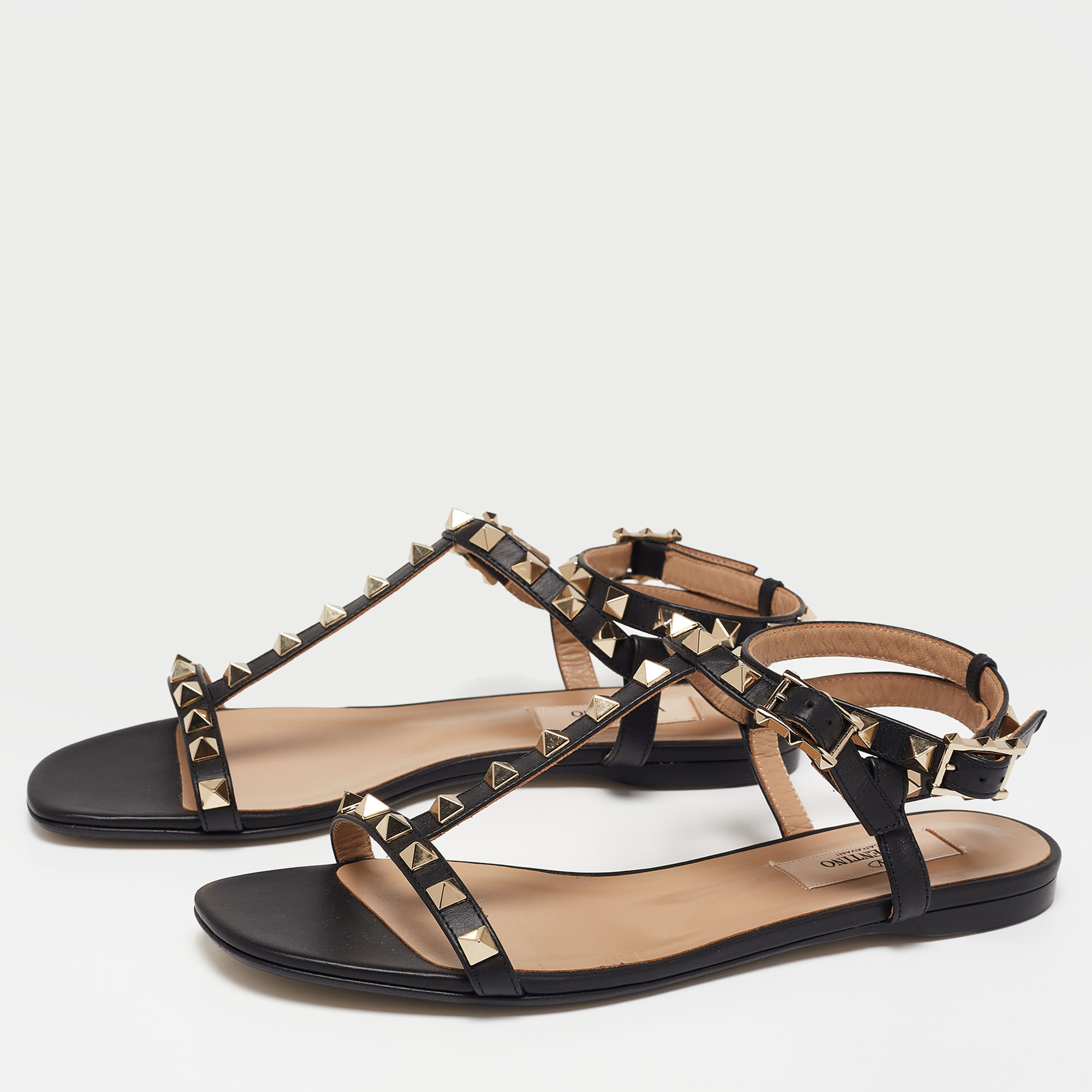 

Valentino Black Leather Rockstud Flat Ankle-Strap Sandals Size