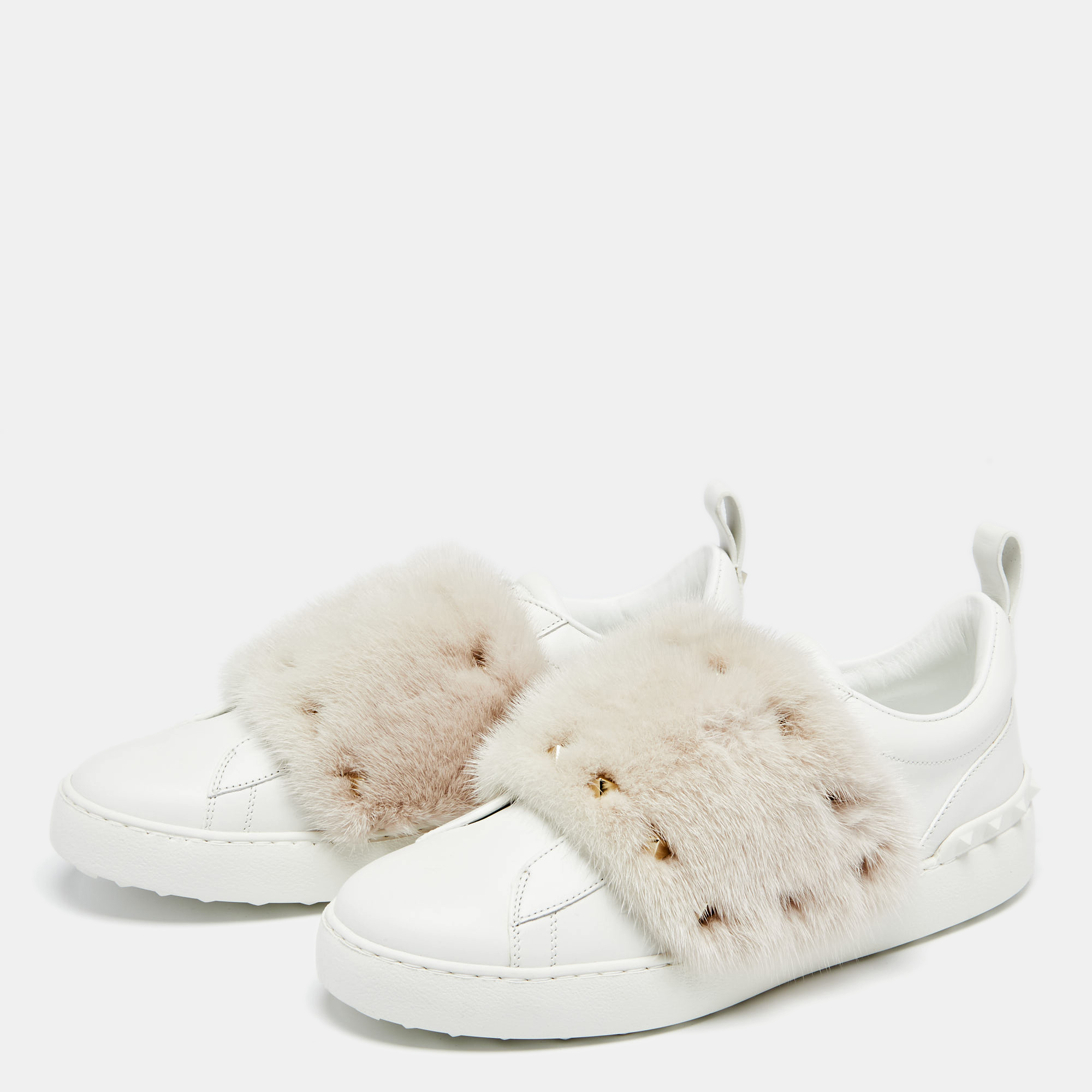 

Valentino White Leather and Mink Fur Rockstud Low Top Sneakers Size