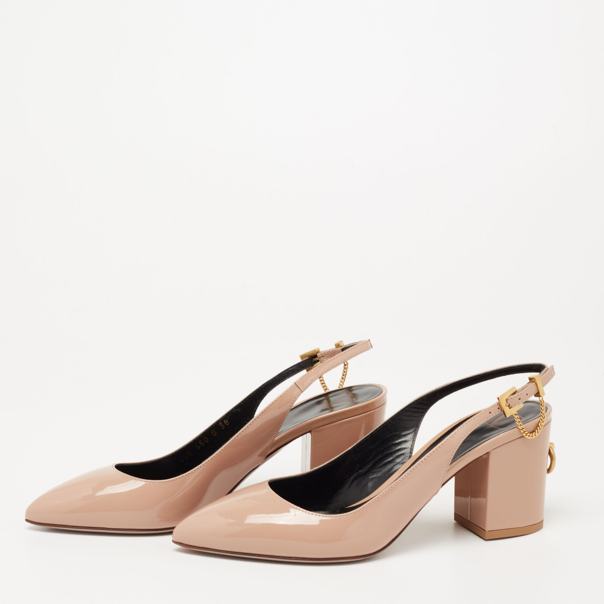 

Valentino Beige Patent Leather Pointed Toe Block Heel Slingback Sandals Size