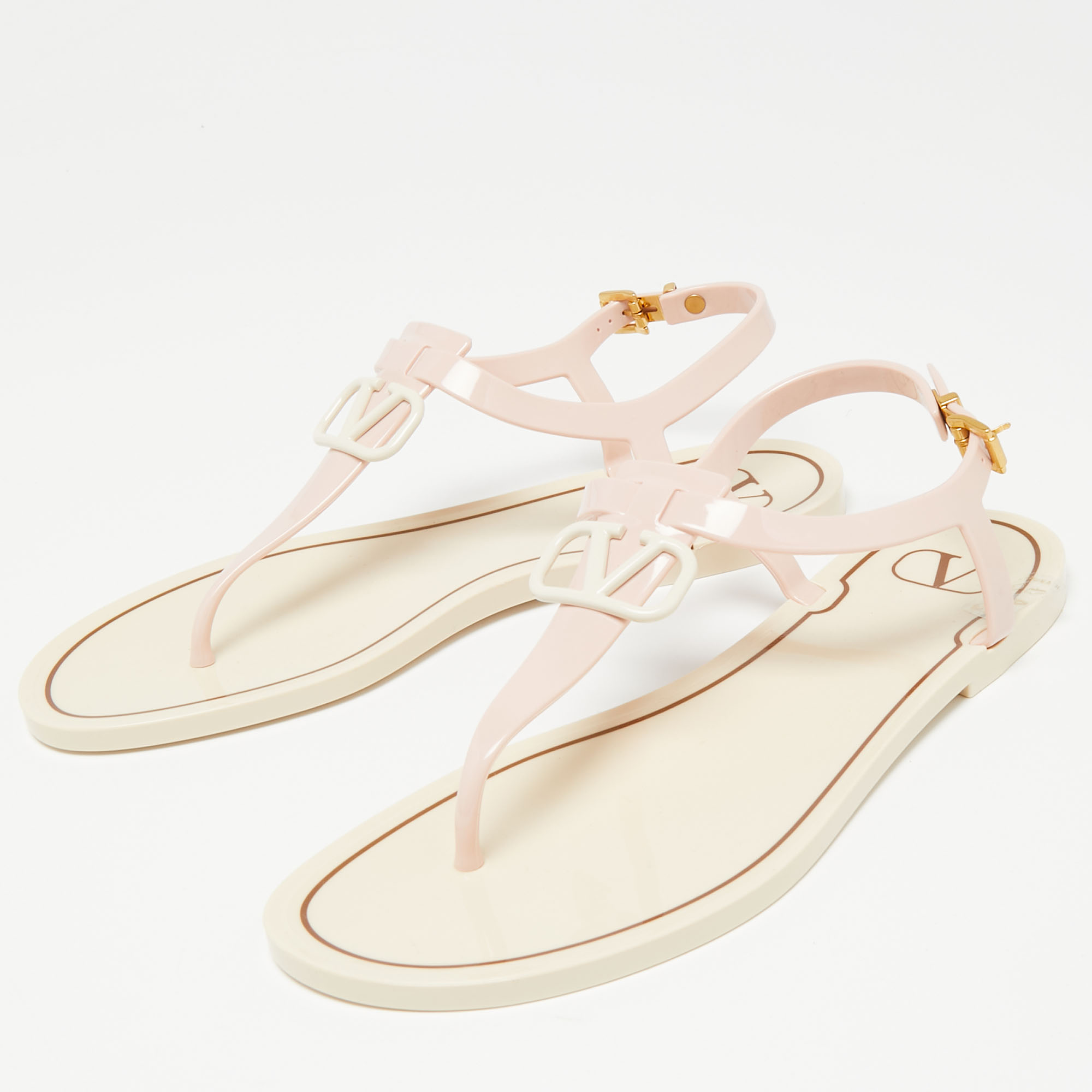 

Valentino Cream/Pink Rubber VLogo Thong Flat Sandals Size