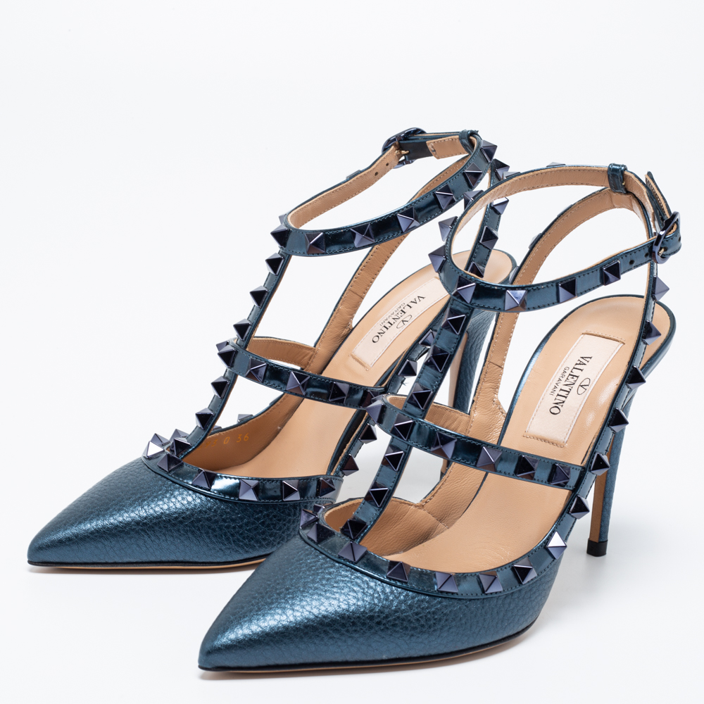 

Valentino Metallic Navy Blue Leather Rockstud Ankle-Strap Pumps Size