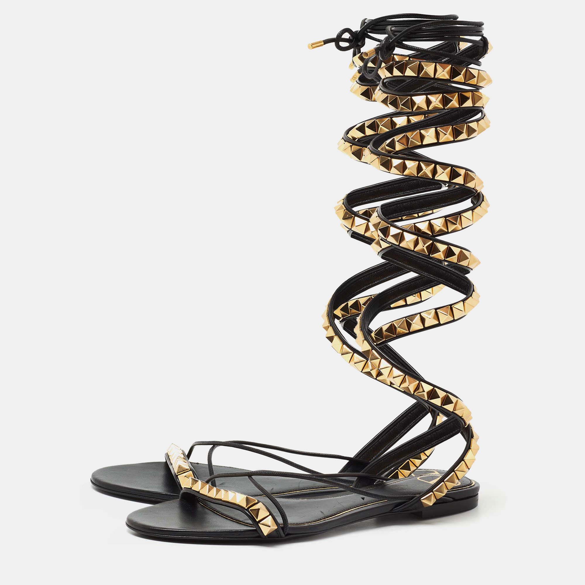 

Valentino Black Leather Rockstud Ankle Wrap Sandals Size