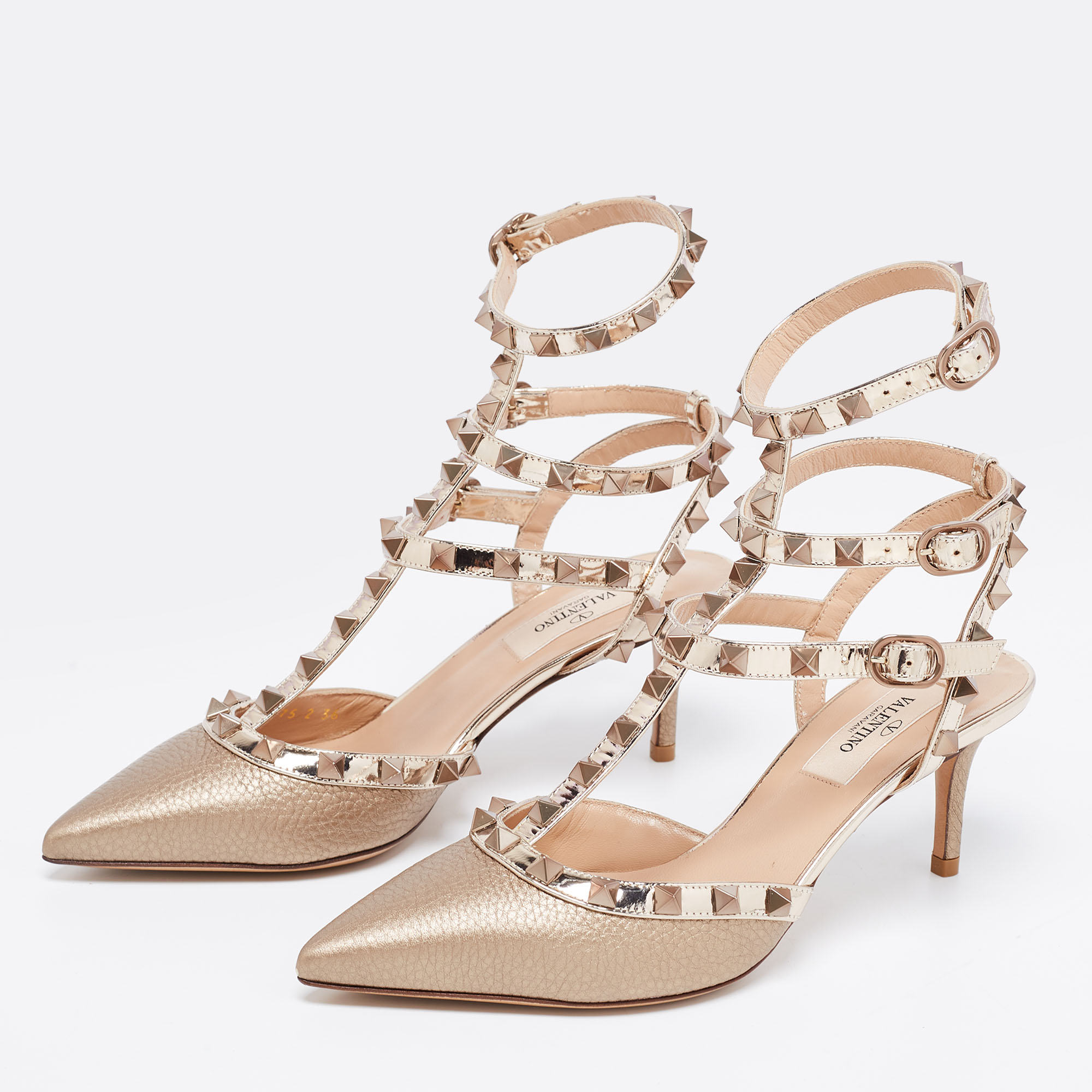 

Valentino Metallic Bronze Leather Rockstud Ankle Strap Sandals Size